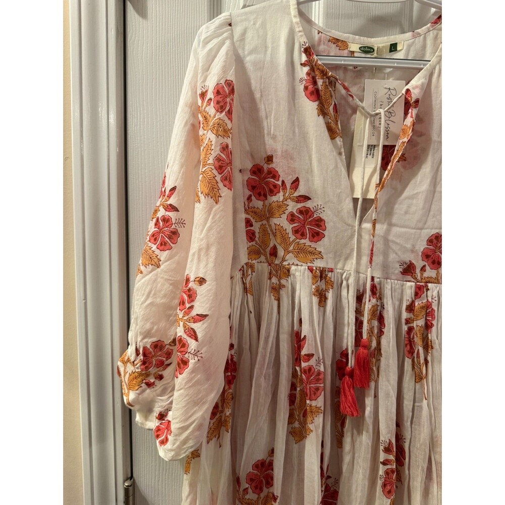 Dolma White Coral Floral Mylah Midi Dress Boho Cotton Hand Printed Sz L NWT - Picture 12 of 15